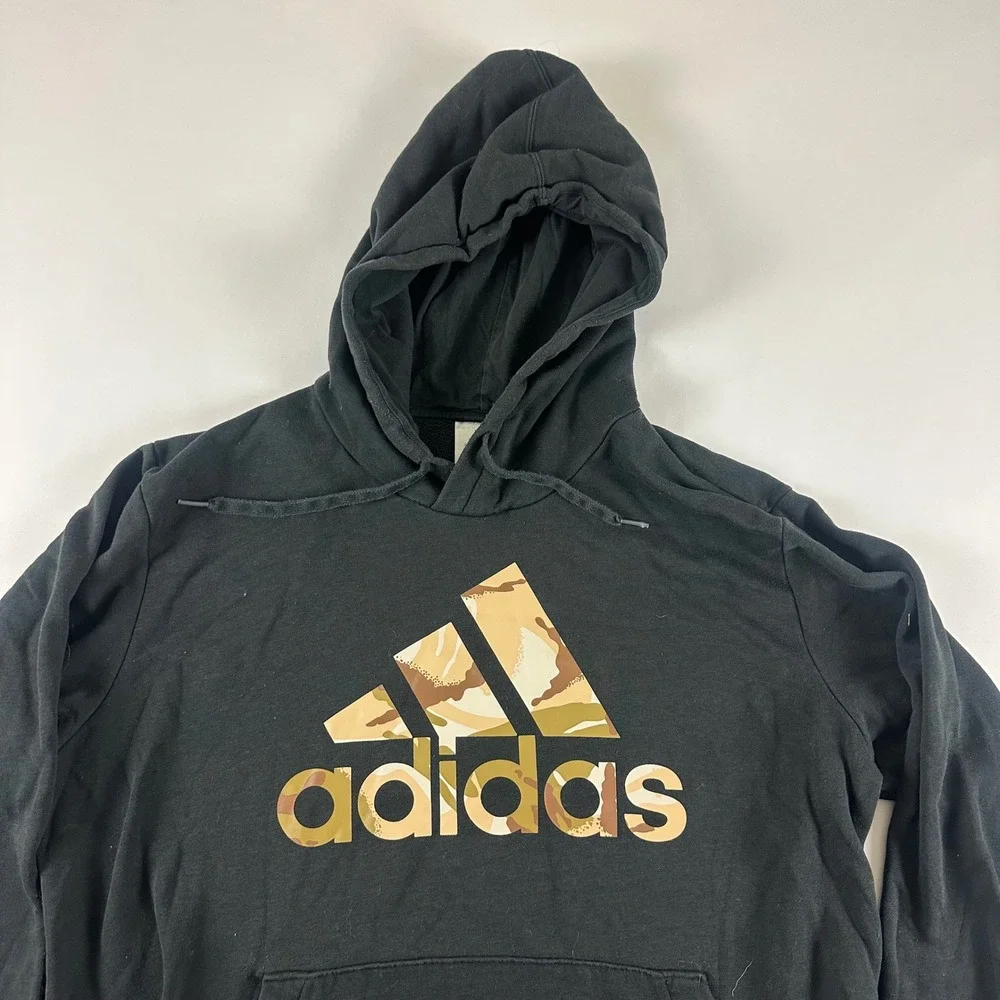 Adidas Mens XL Hoodie Black Pullover Camo‎ Logo Sweatshirt Athleisure